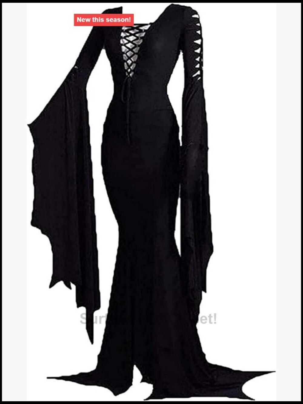 Women's Vintage Gothic Vampire Dress with Flared Sleeves, Lace-Up, Sexy V-Neck